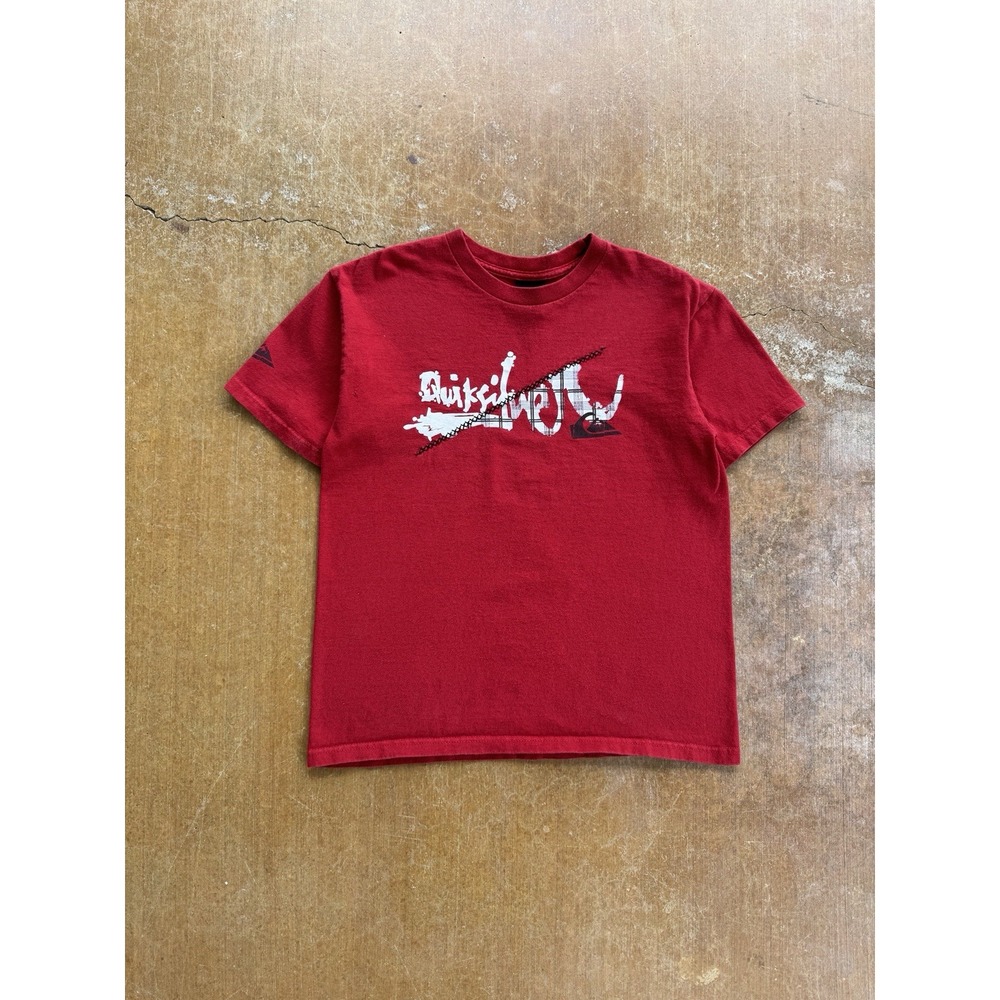 VTG 90s Quiksilver Cursive Spell Out Skater Surfer Y2K Red T-Shirt Kids 12 Years